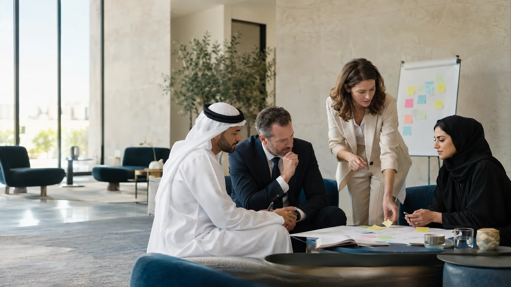 ميسّرة واقفة تضع أوراقًا لاصقة على ورقة كبيرة، ويتابعها ثلاثة مشاركين جالسين.