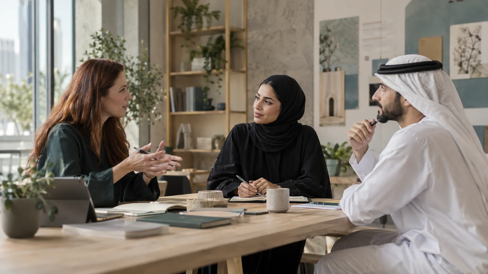 ثلاثة زملاء يتحاورون حول طاولة خشبية عليها دفاتر، وإحداهم تتحدث مشيرةً بيديها.