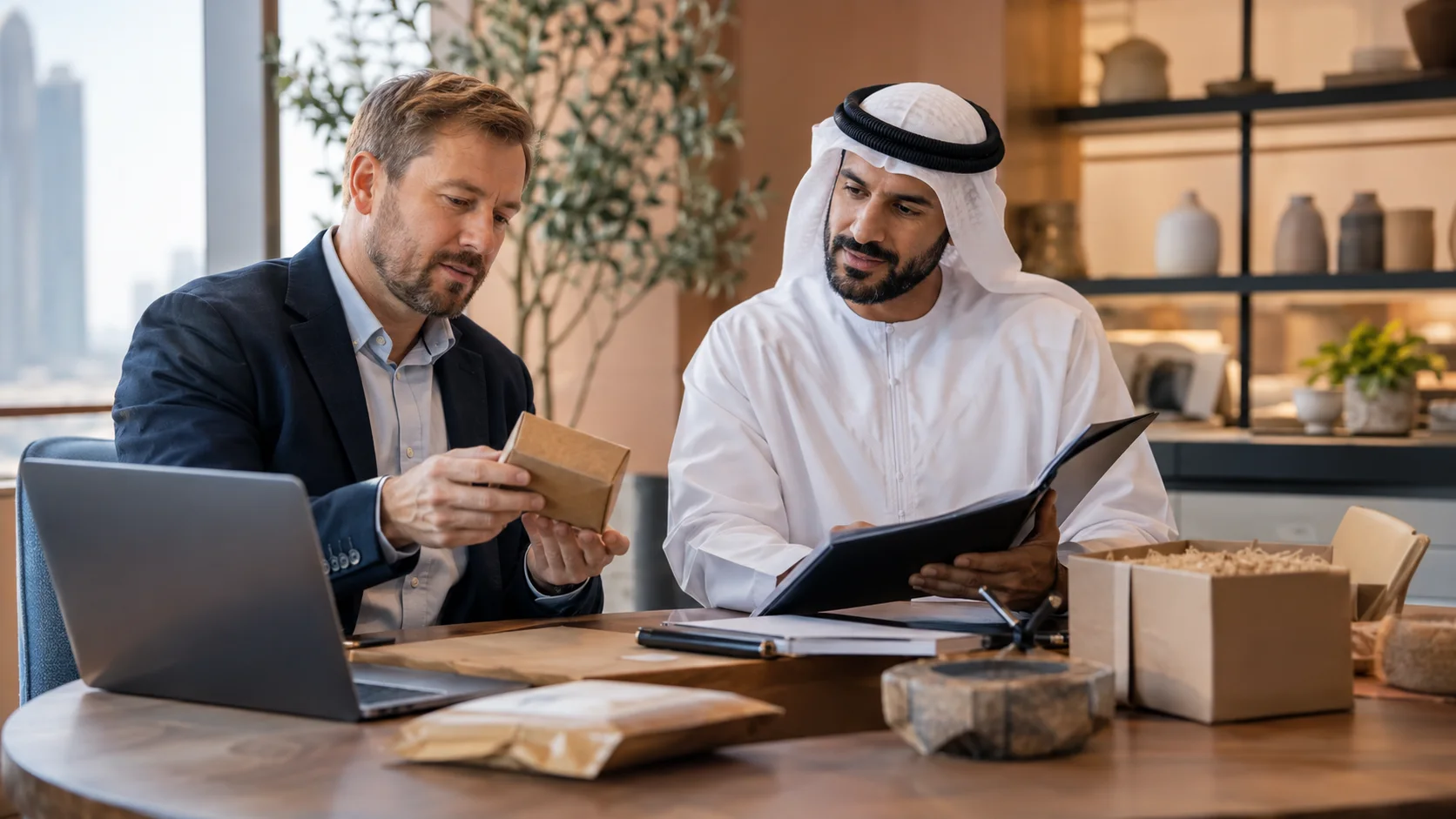 رجلان يفحصان علبة عيّنة من الورق المقوّى وملفًا، بجانب صناديق تغليف مفتوحة وحاسوب محمول.