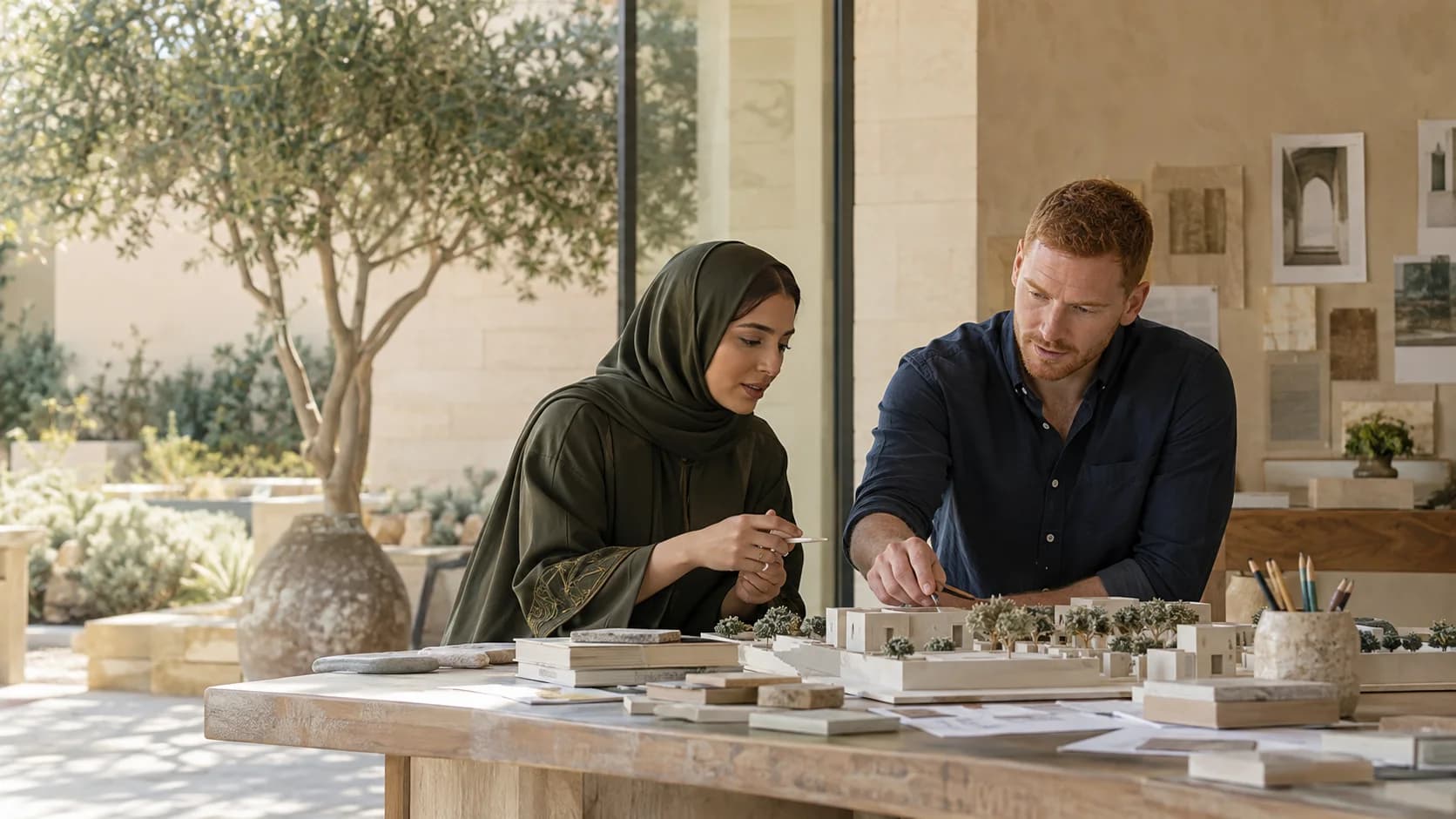 زميلان يعملان على مجسّم معماري أبيض تتخلّله أشجار مصغّرة، إلى طاولة بجوار حديقة.