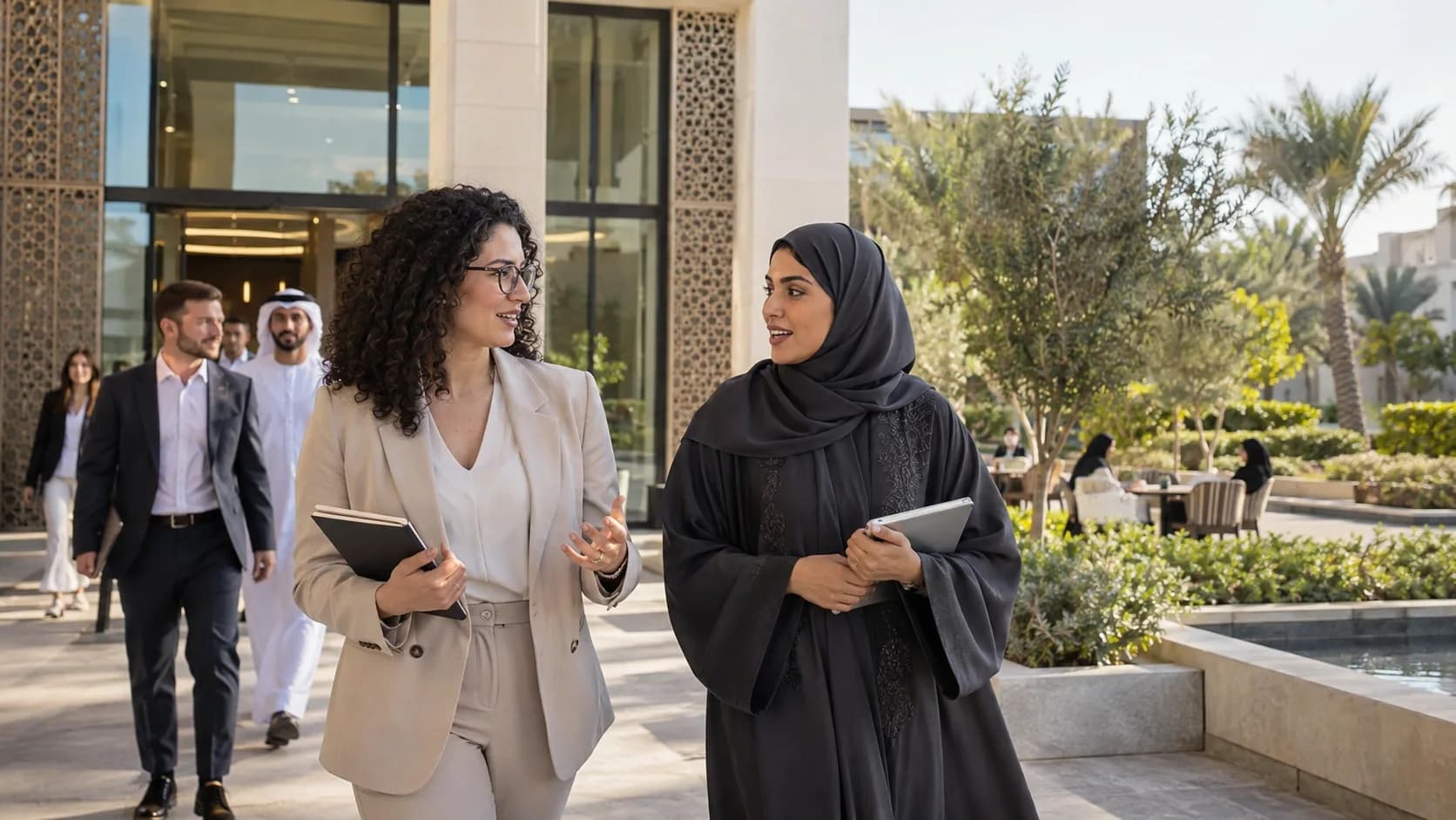 Two colleagues holding tablets talk as they walk outside a modern building, with others following behind.