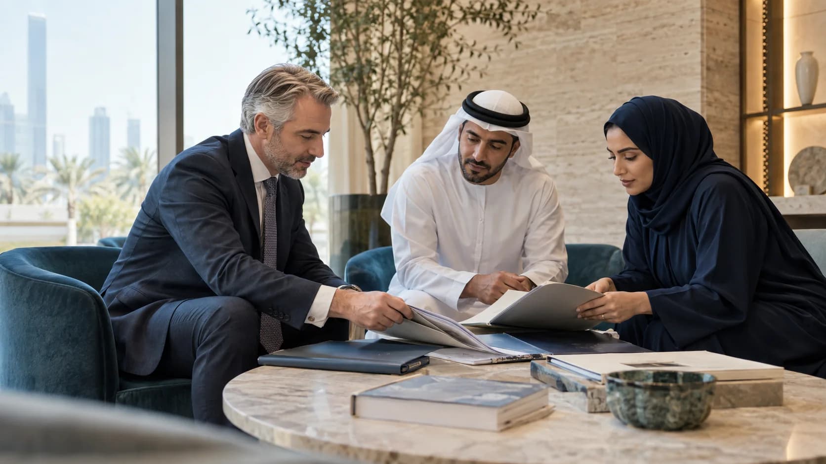 Three professionals in lounge chairs review documents and bound folders spread across a marble table.