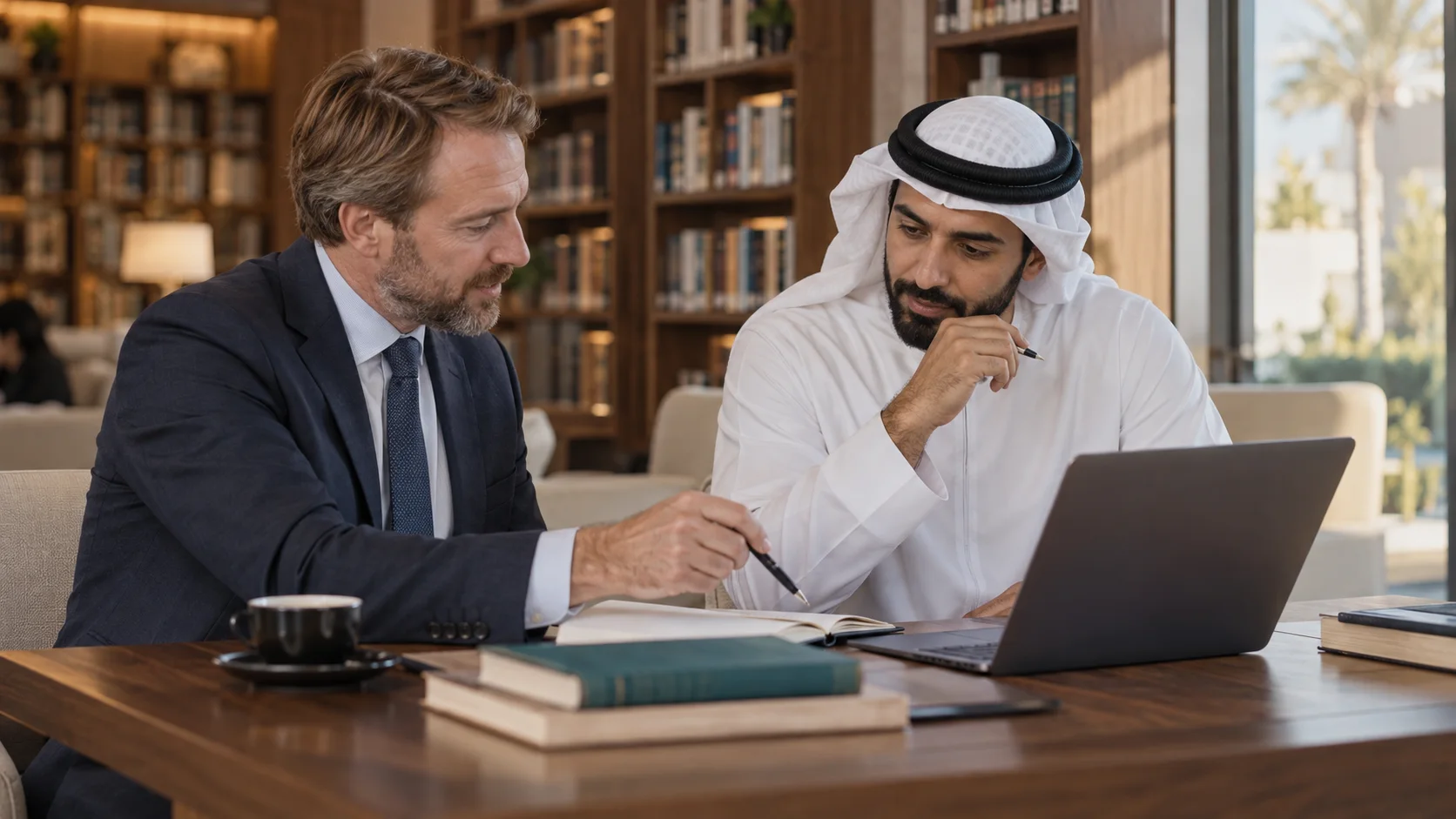 رجلان يراجعان ملاحظات وحاسوبًا محمولًا معًا إلى طاولة خشبية في مكتبة تصطفّ فيها رفوف الكتب.