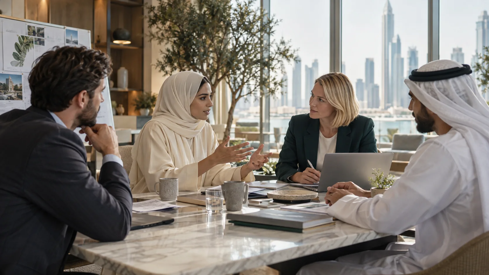 Four colleagues in discussion around a marble table with a laptop and papers, a city skyline beyond the windows.
