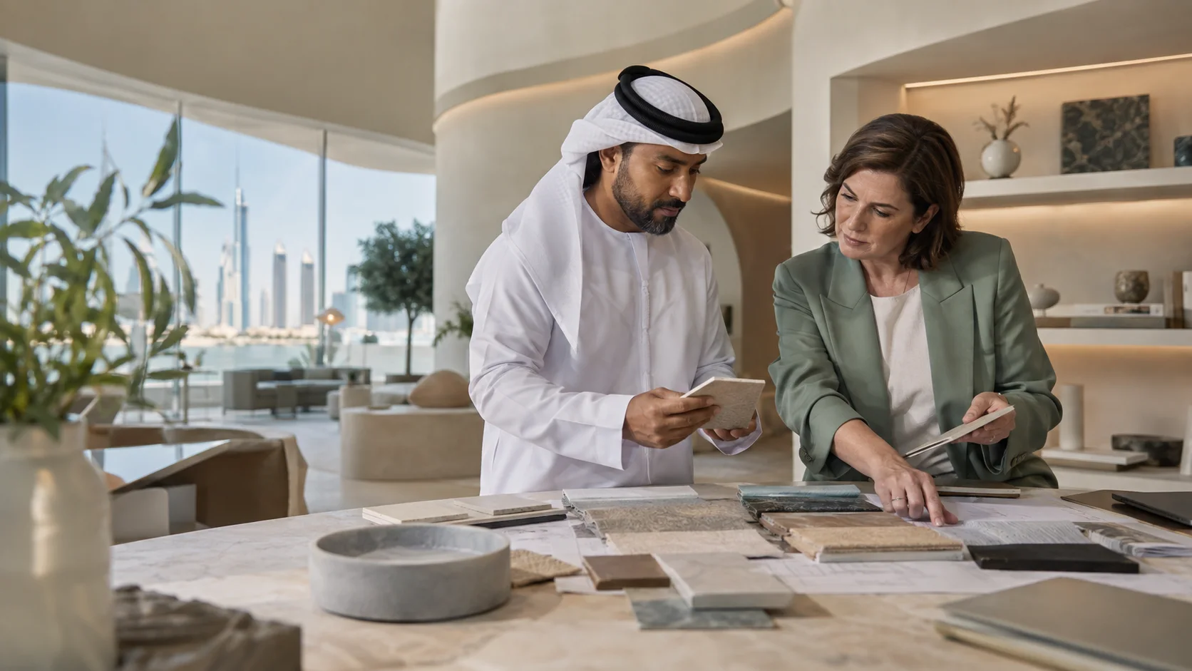 Two colleagues compare stone and material samples laid out on a table, with a city skyline beyond the windows.