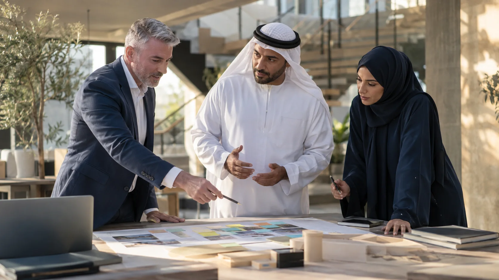 Three colleagues stand at a table reviewing a large plan covered in coloured notes, one pointing with a pencil.