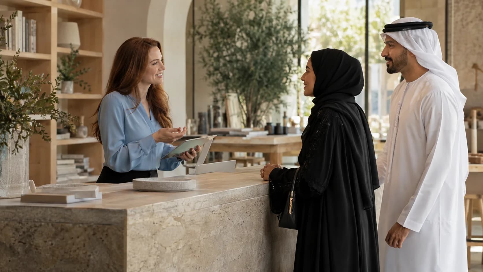 A smiling receptionist holding a tablet greets two visitors at a stone reception desk.