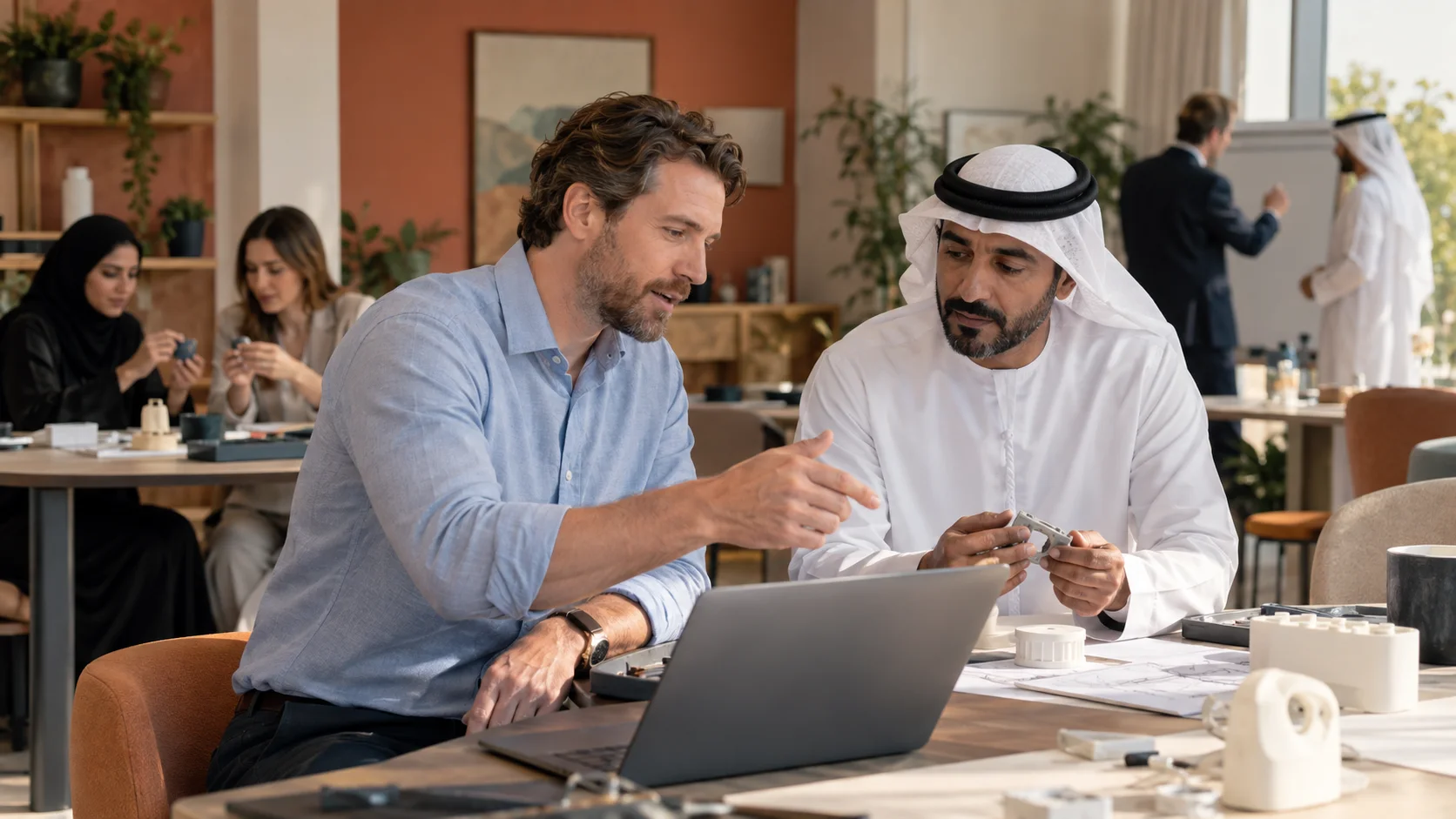 Two colleagues discuss a small component over a laptop in a busy workshop space, others working behind them.
