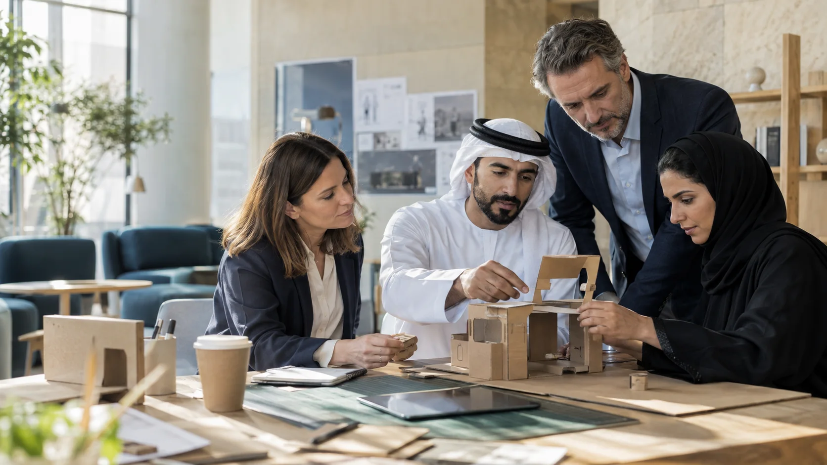 Four colleagues build a cardboard prototype together at a worktable scattered with materials.