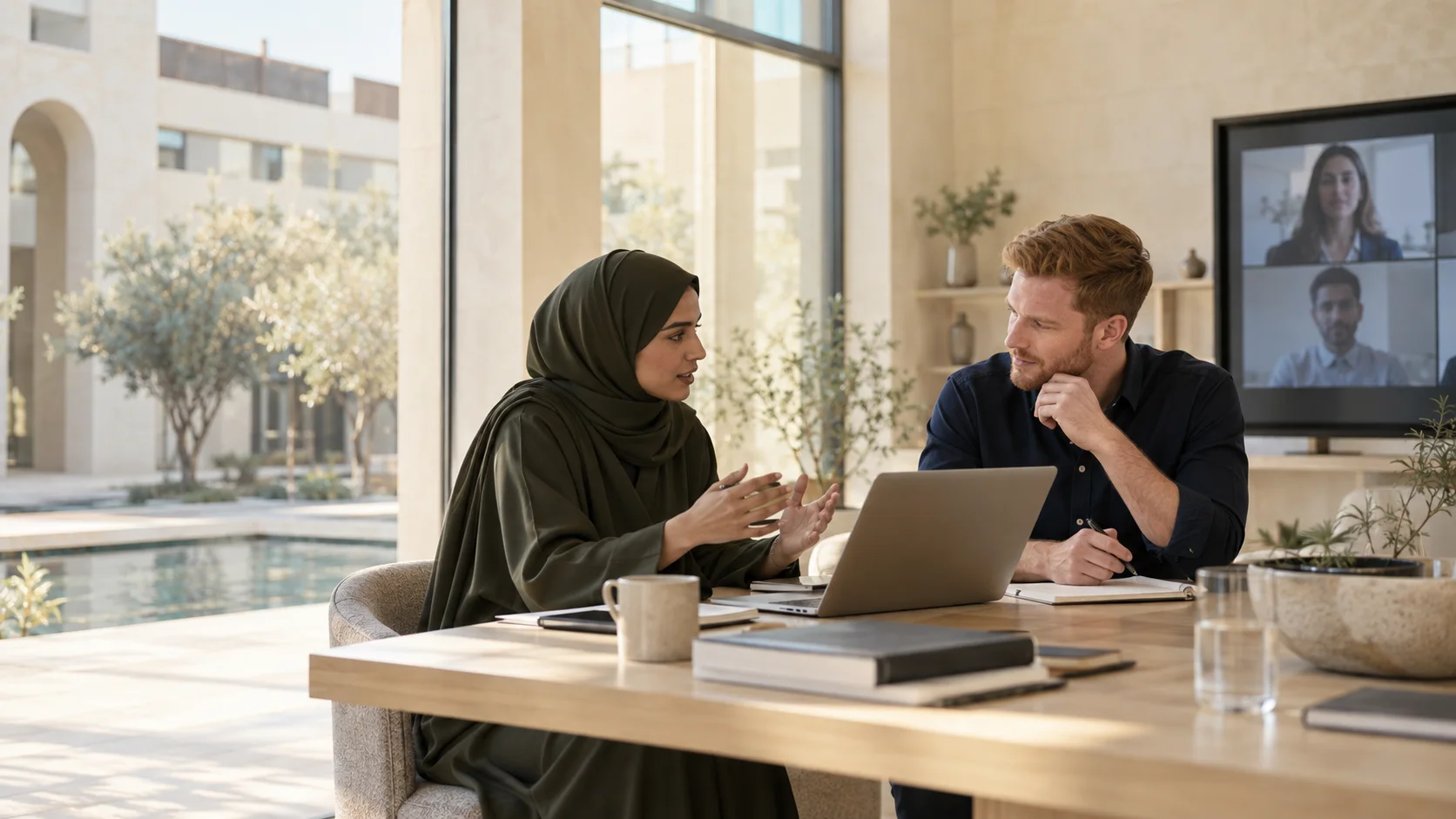 Two colleagues talk at a laptop while remote participants appear on a video call screen behind them.