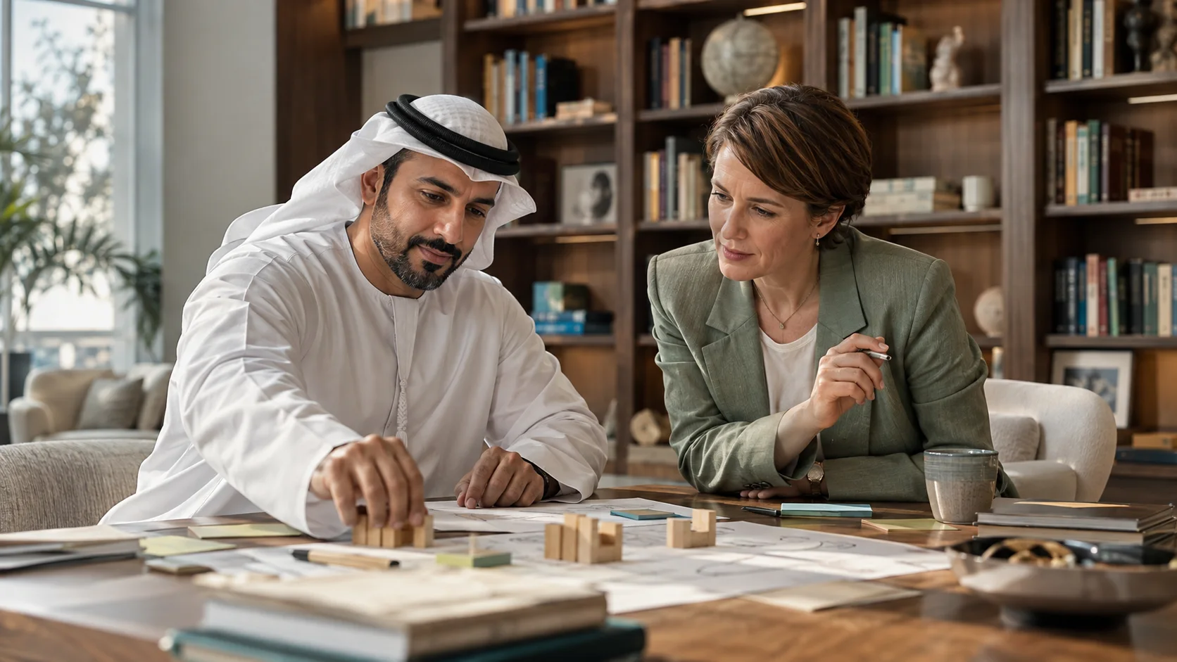 زميلان يرتّبان مكعبات خشبية فوق مخططات مرسومة على طاولة أمام رفوف كتب عالية.