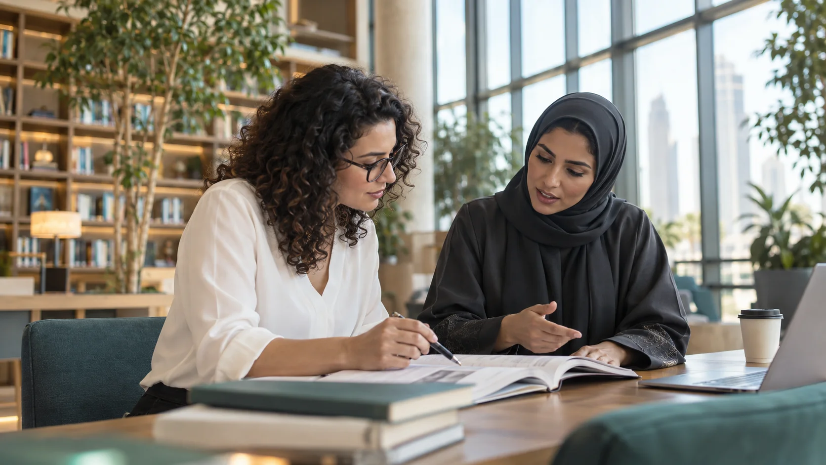 امرأتان تطالعان كتابًا مفتوحًا معًا إلى طاولة في مكتبة مضيئة ذات نوافذ عالية.