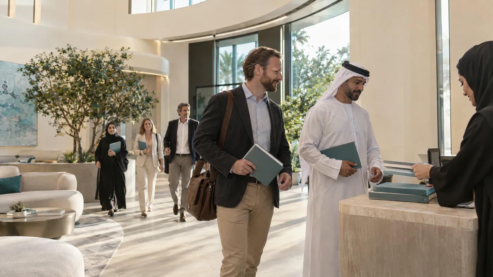 مشاركون يحملون ملفات يصلون عبر ردهة مضيئة، حيث توزّع موظفة المواد عند المكتب.