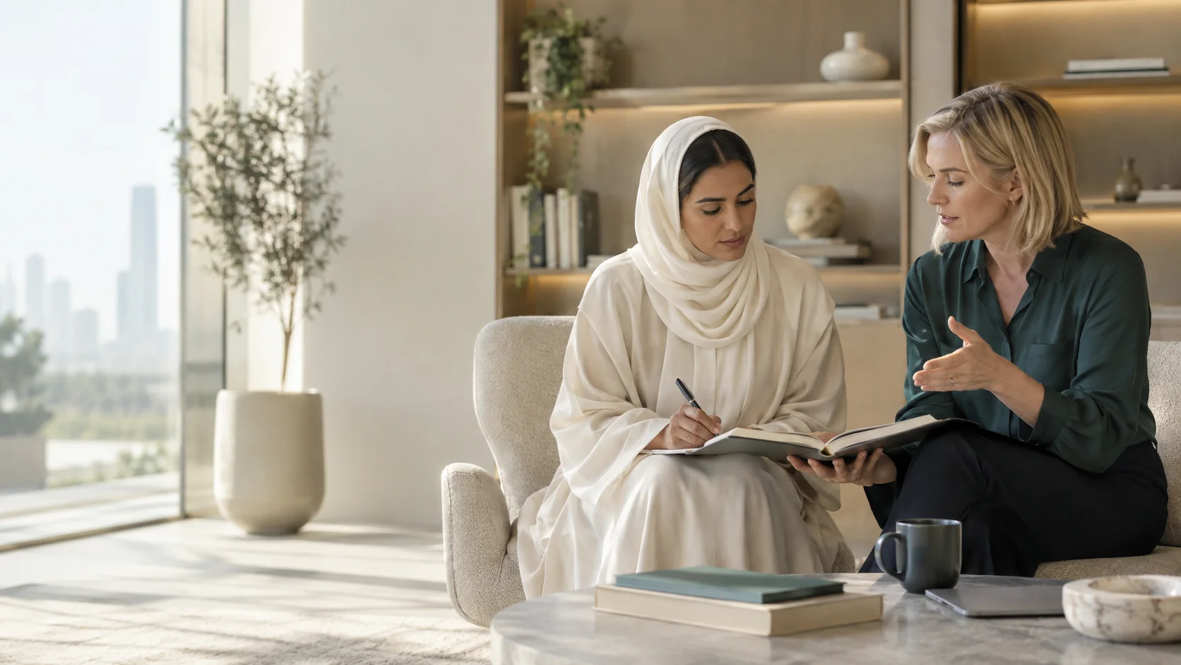 Two women review an open book together in armchairs, one taking notes, in a calm, sunlit room.