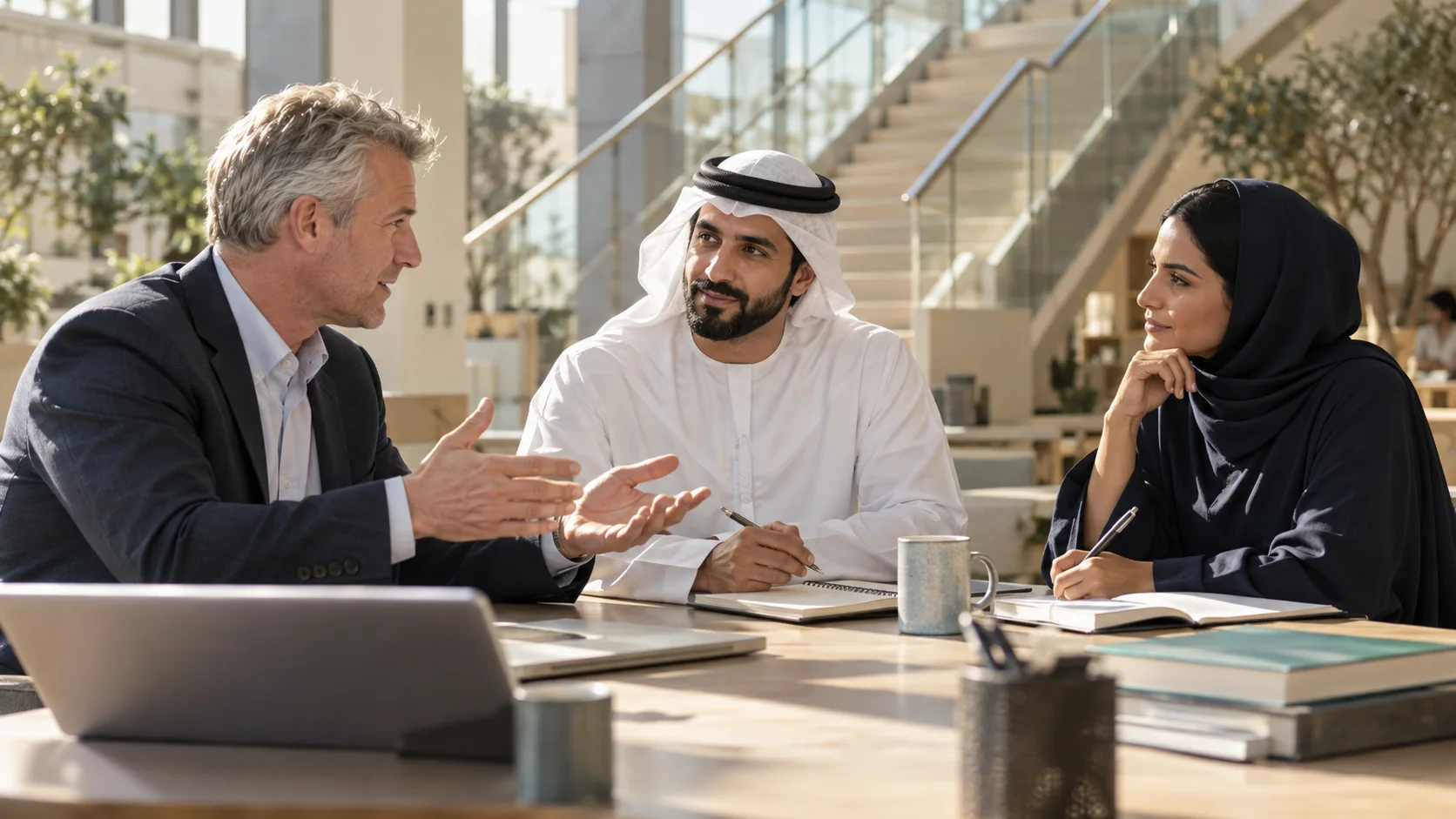 رجل يتحدث بيدين مفتوحتين بينما يصغي زميلان وأقلامهما ودفاترهما جاهزة، إلى طاولة في بهو مشمس.
