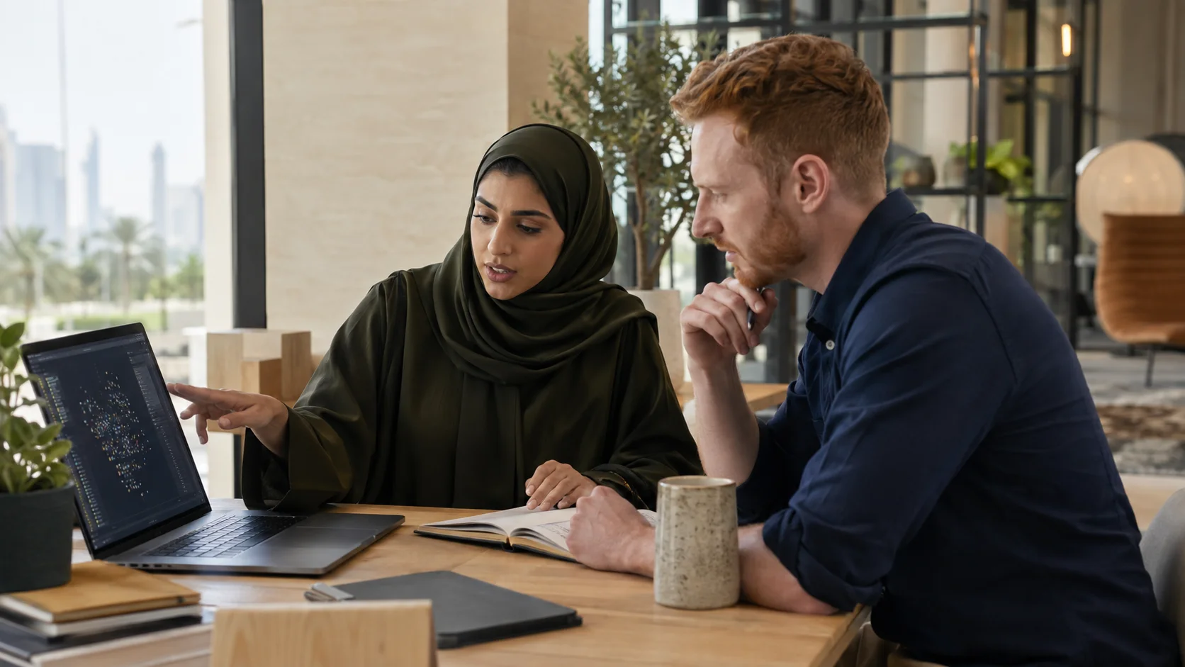 A woman points to data on a laptop screen as a colleague listens, an open notebook on the table between them.