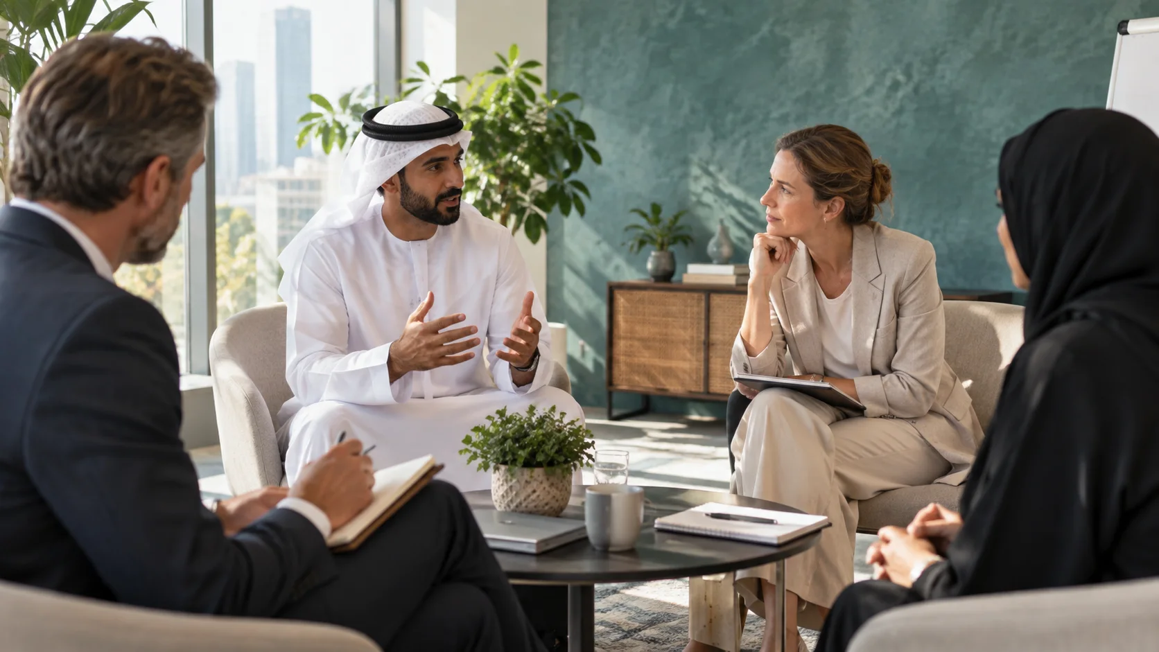 أربعة أشخاص في حلقة من المقاعد المريحة، أحدهم يتحدث بيديه بينما يصغي الآخرون ويدوّنون الملاحظات.