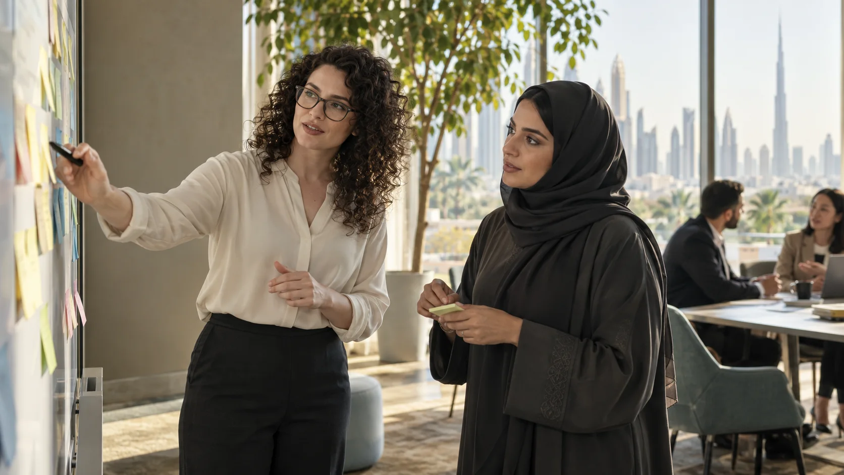 Two colleagues discuss ideas at a wall of sticky notes, one pointing with a marker, a city skyline outside