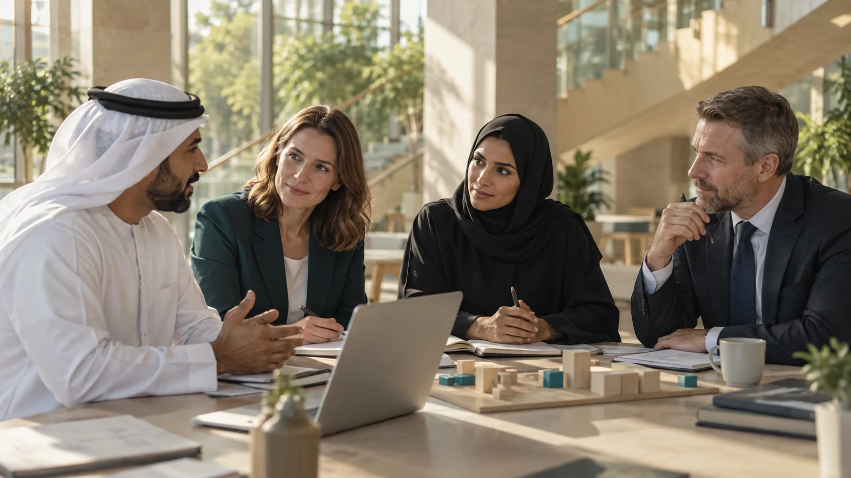 Four colleagues listen as one speaks at a table with a laptop, notebooks and wooden blocks in a bright atrium