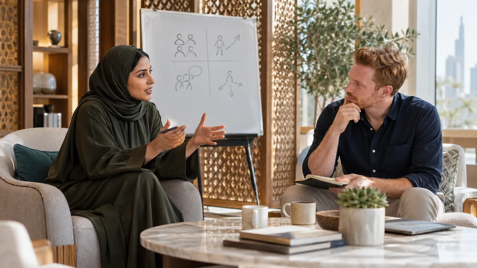 Two people talk in armchairs beside a flip chart sketched with figures, arrows and a speech bubble