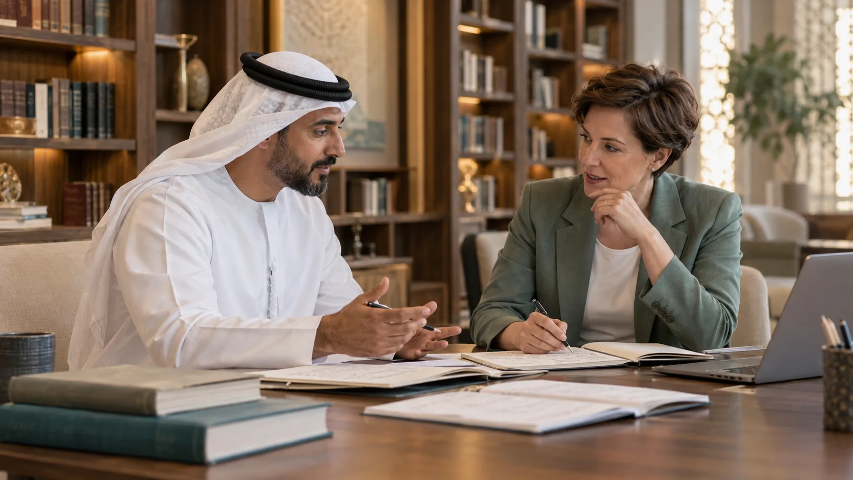 زميلان يتحاوران أمام دفاتر مفتوحة على مكتب تحيط به رفوف الكتب، أحدهما يشرح بيديه والآخر يدوّن.