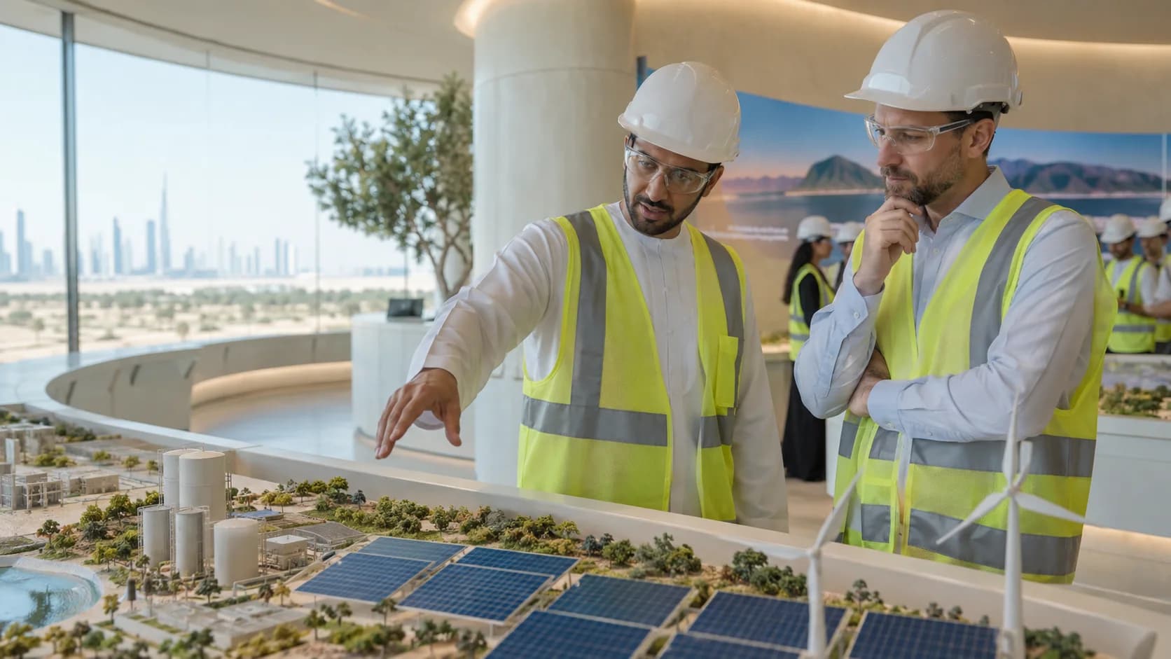 Two men in hard hats study a scale model with solar panels, wind turbines and storage tanks, one pointing.