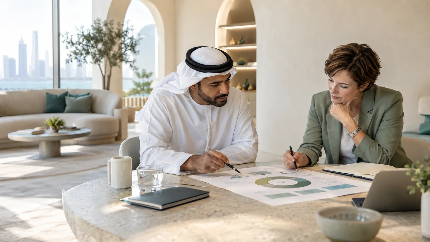 زميلان يدوّنان ملاحظات على مخطط دائري مطبوع فوق طاولة حجرية في غرفة مشرقة تطل على البحر.