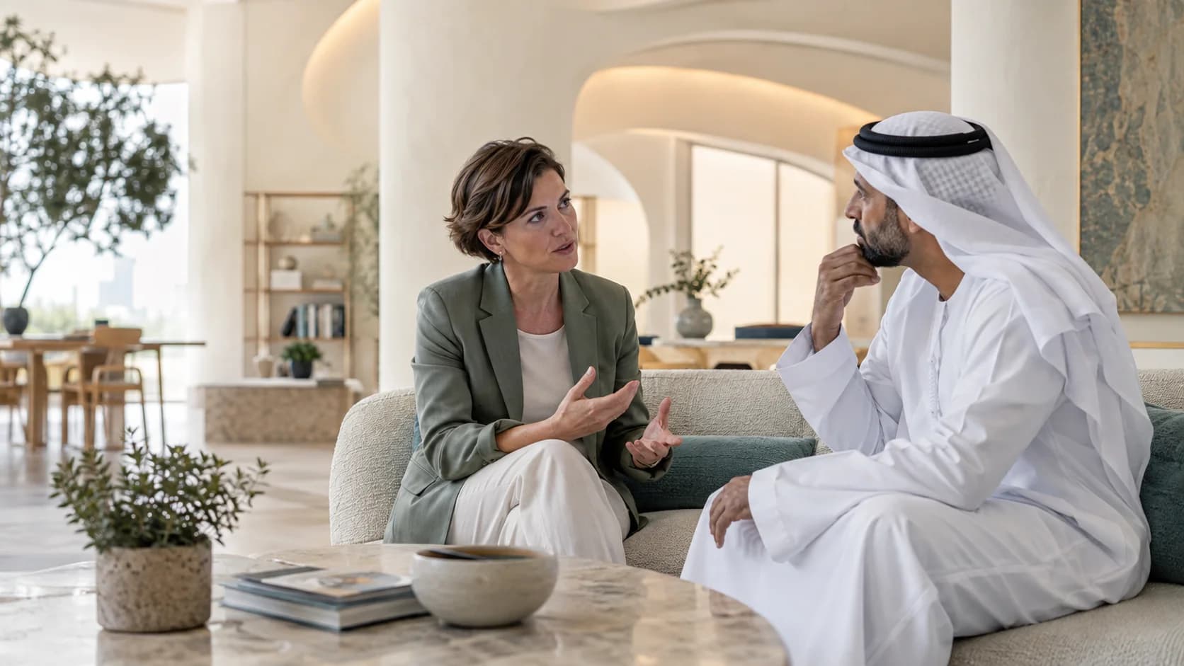 Two colleagues talk on a curved sofa in a bright lounge with arched ceilings, one speaking, the other listening.