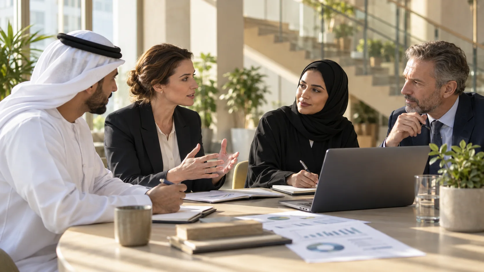 أربعة زملاء يتناقشون حول طاولة مستديرة عليها حاسوب محمول ودفاتر ورسوم بيانية مطبوعة في بهو مشمس.