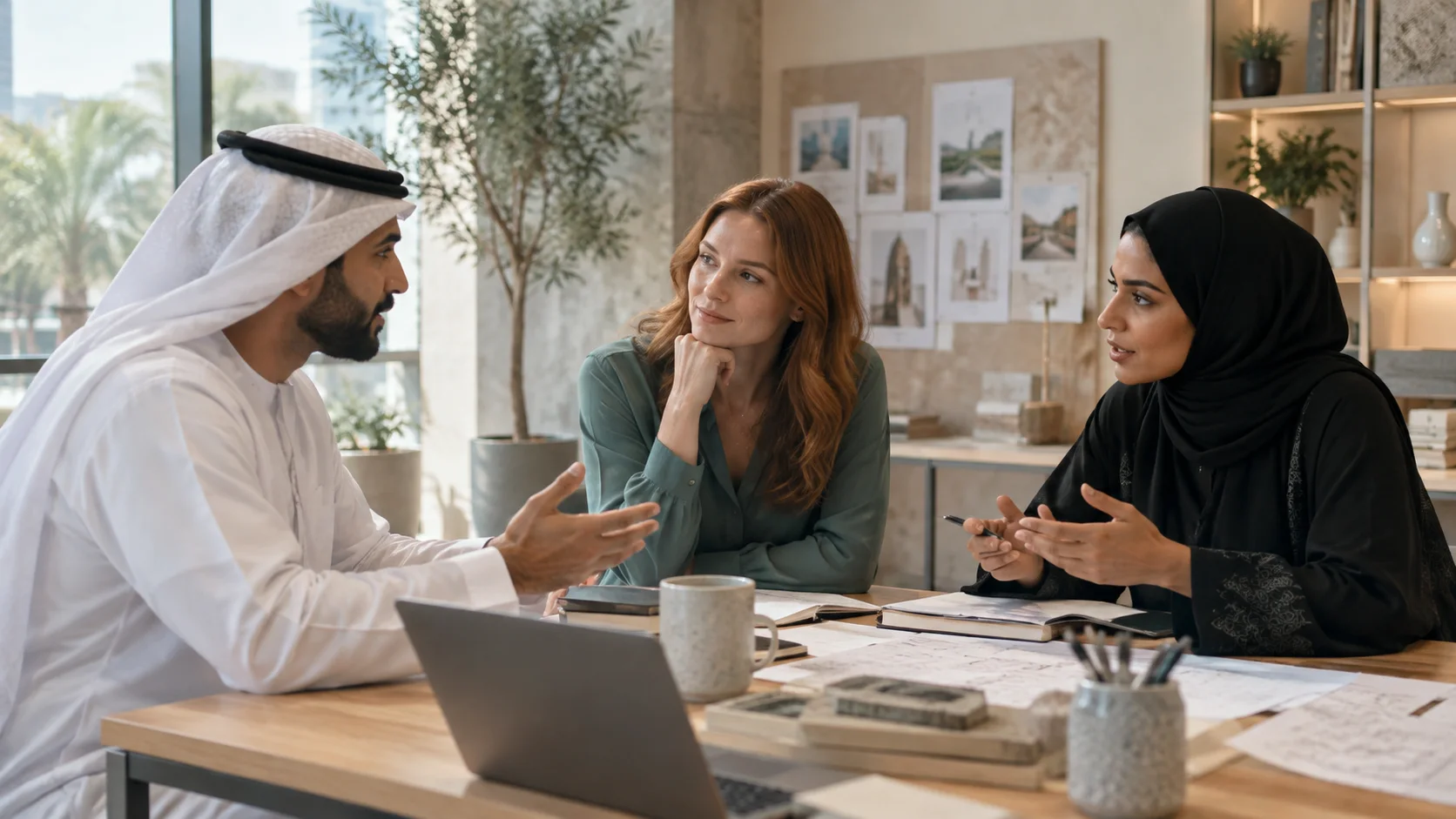 ثلاثة زملاء في نقاش حيوي إلى طاولة تغطيها مخططات مطبوعة ودفاتر، وأمامهم حاسوب محمول.