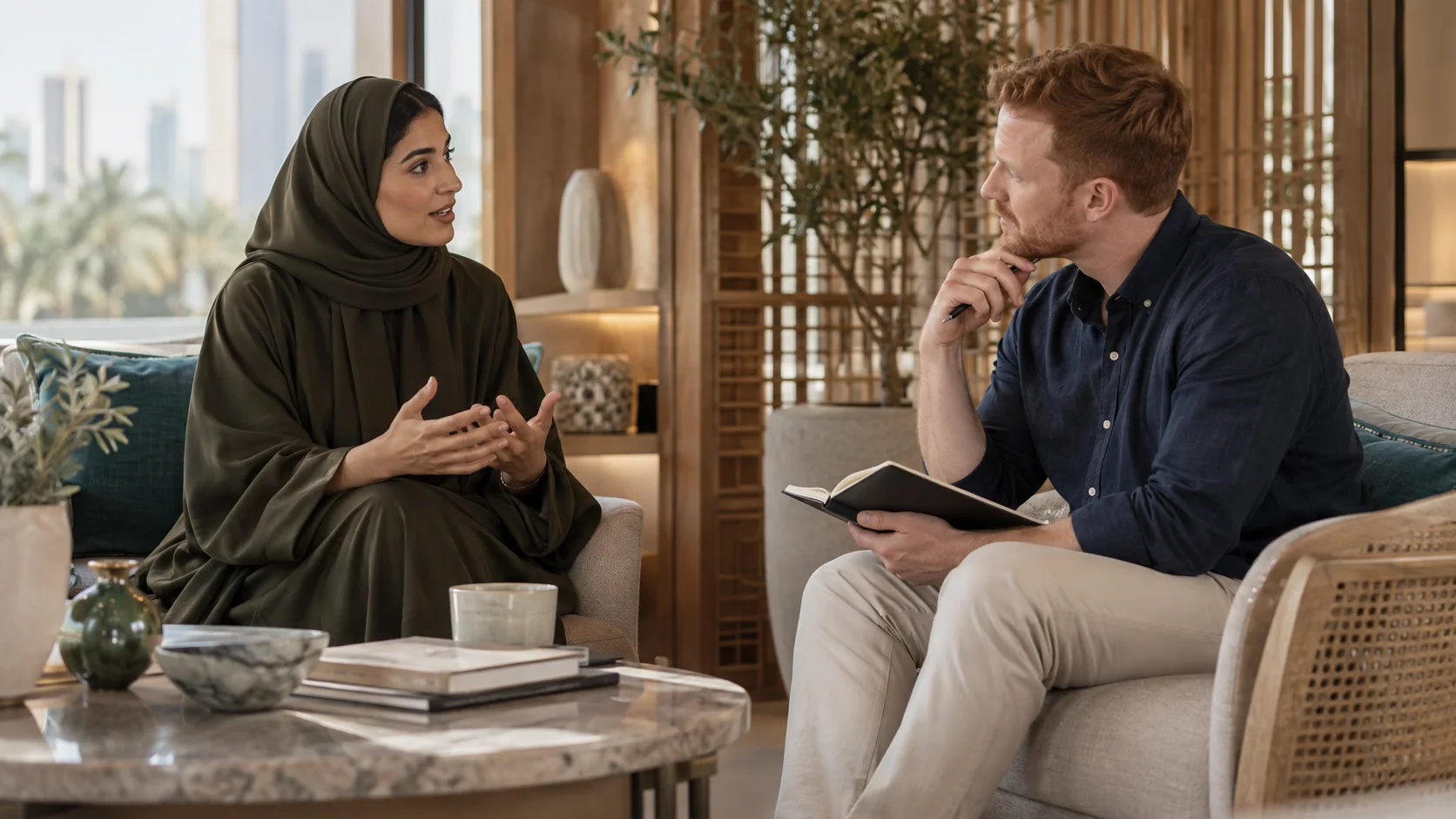 A woman speaks with expressive gestures while a man holding a notebook listens, seated in a warm lounge.