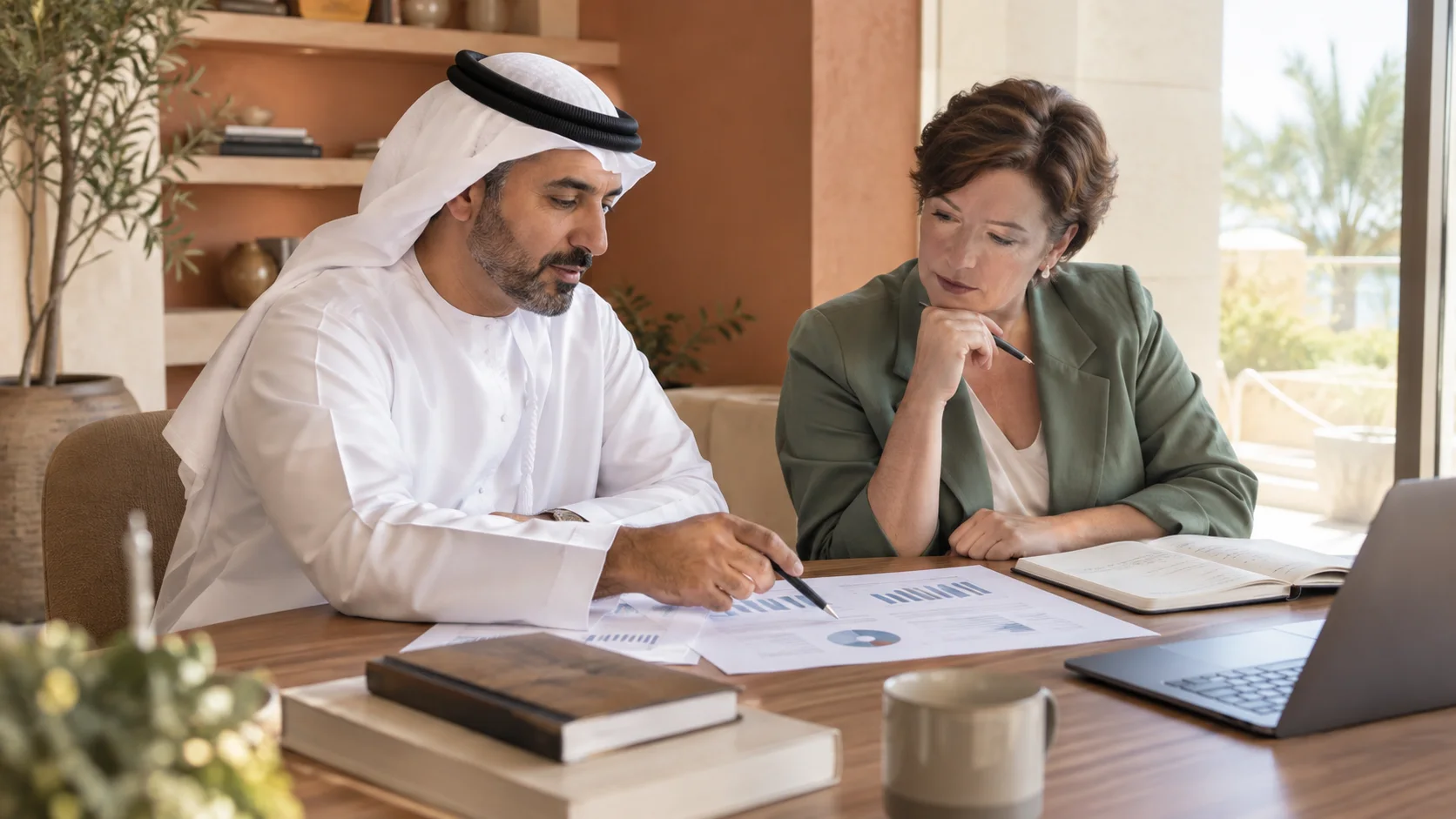 زميلان يراجعان رسومًا بيانية مطبوعة على الطاولة، أحدهما يشير بقلمه والآخر يصغي باهتمام