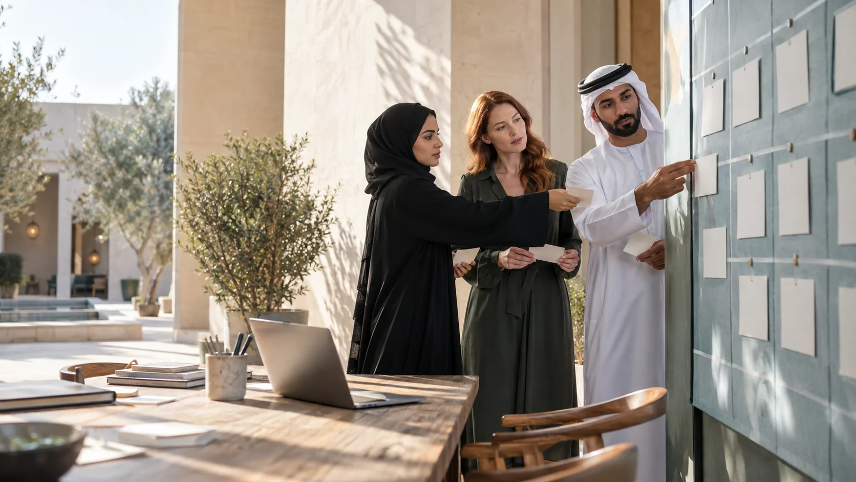 Three colleagues arrange cards on a grid board in a sunlit colonnade beside a desk with a laptop.