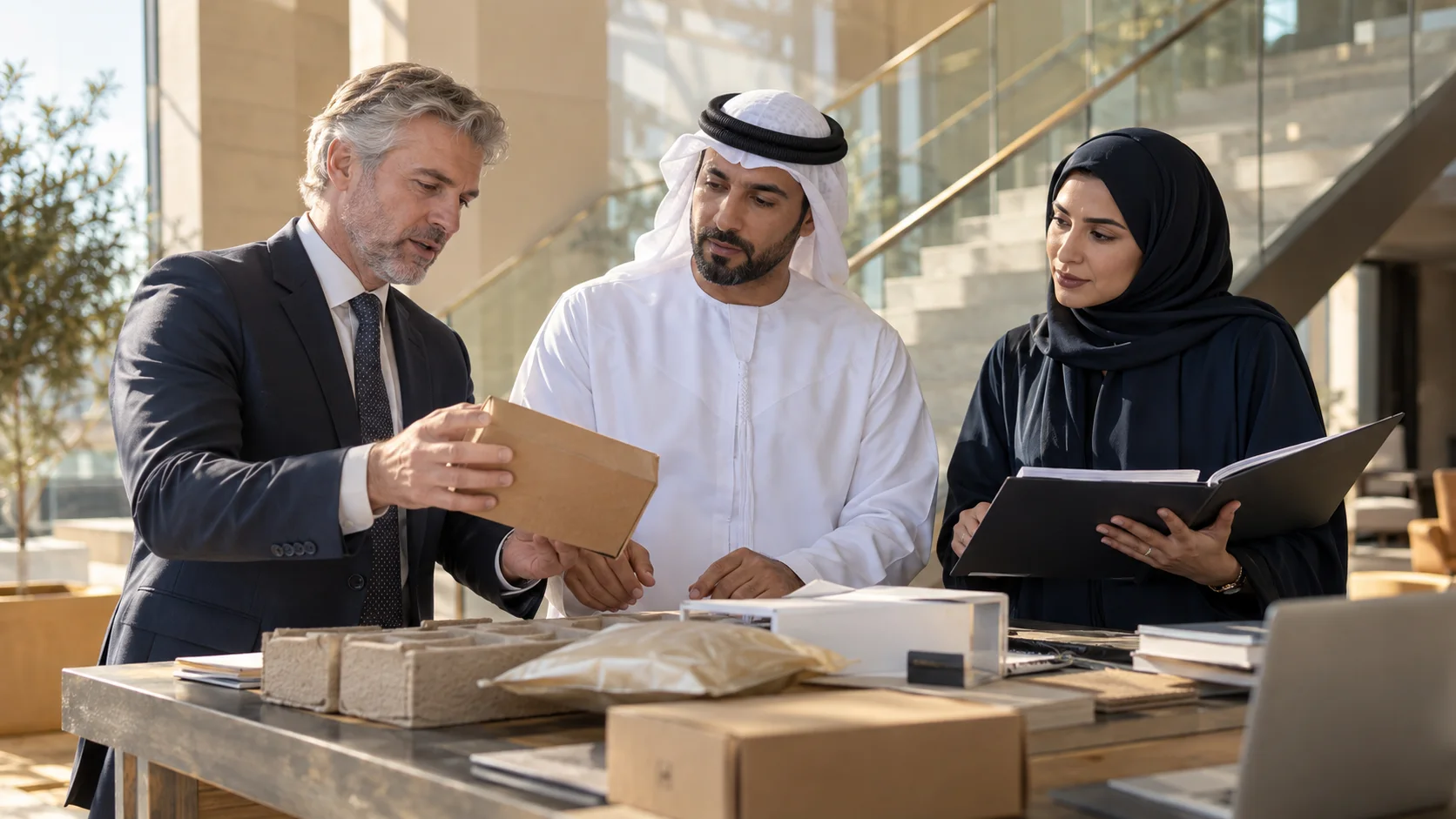 ثلاثة مهنيين وقوفًا حول طاولة يتفحّصون صندوقًا كرتونيًا وعيّنات تغليف، وإحداهم تحمل ملفًا مفتوحًا.